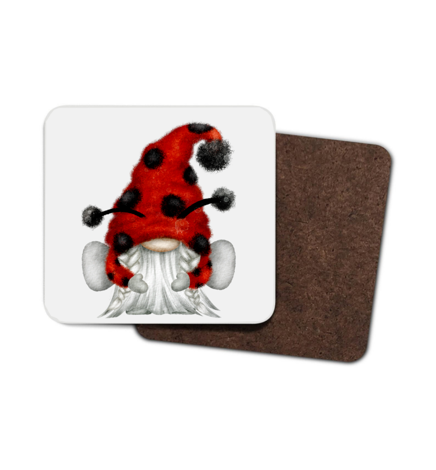 Ladybug Gnome Hardboard Coaster, Ladybird Coaster, Gonk Ladybird